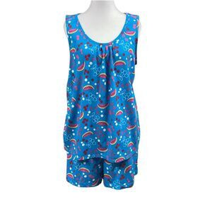 Simply Basic Fruit Novelty Tank Shorts PJ Lounge Set Sz L Blue